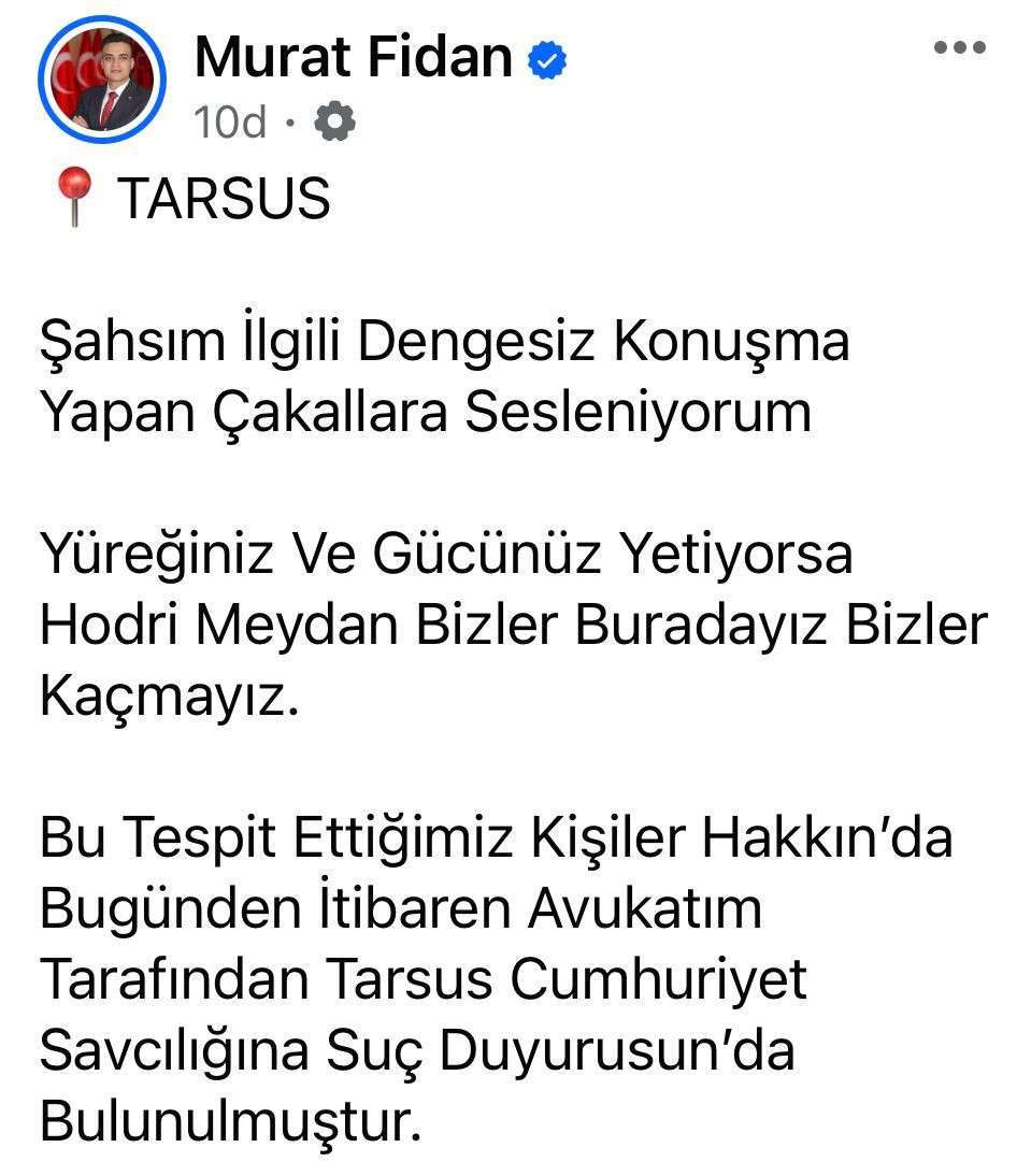 AK PARTİ TARSUS BELEDİYE MECLİS ÜYESİ ADAY ADAYI MURAT FİDAN'DAN ŞOK PAYLAŞIM